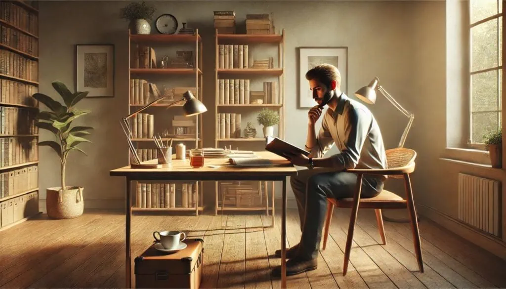Introvertierte Männer ticken anders - Ein Mann sitzt an seinem Schreibtisch und ist in ein Buch vertieft