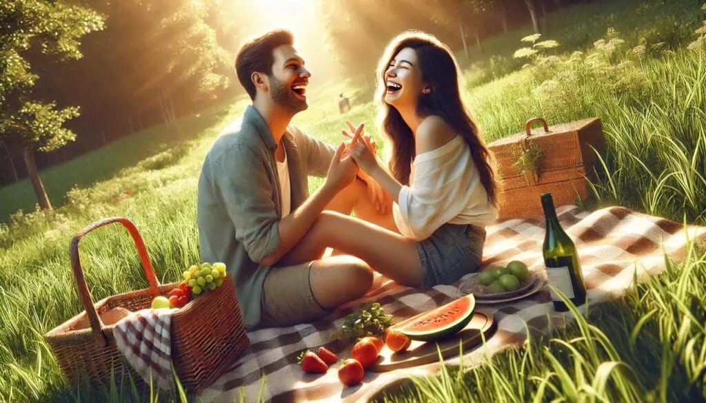 Verliebtheit entsteht durch gemeinsame, schöne Erlebnisse: Ein lachendes Paar beim Picknick in der Natur
