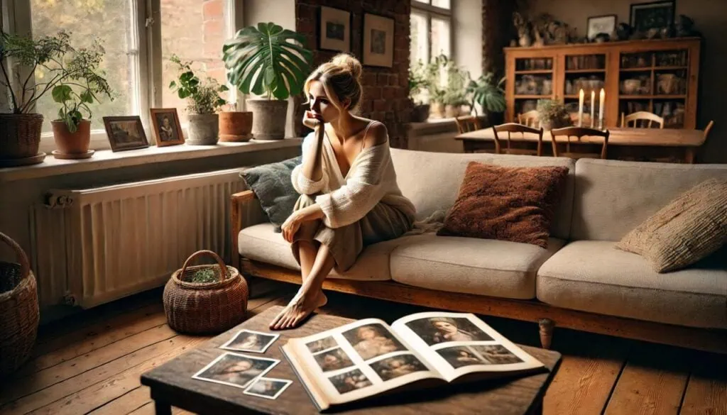 Eine Frau sitzt auf ihrer Couch und denkt über die Ursachen ihrer Verlustangst nach. Vor ihr liegen alte Fotos aus ihrer Kindheit